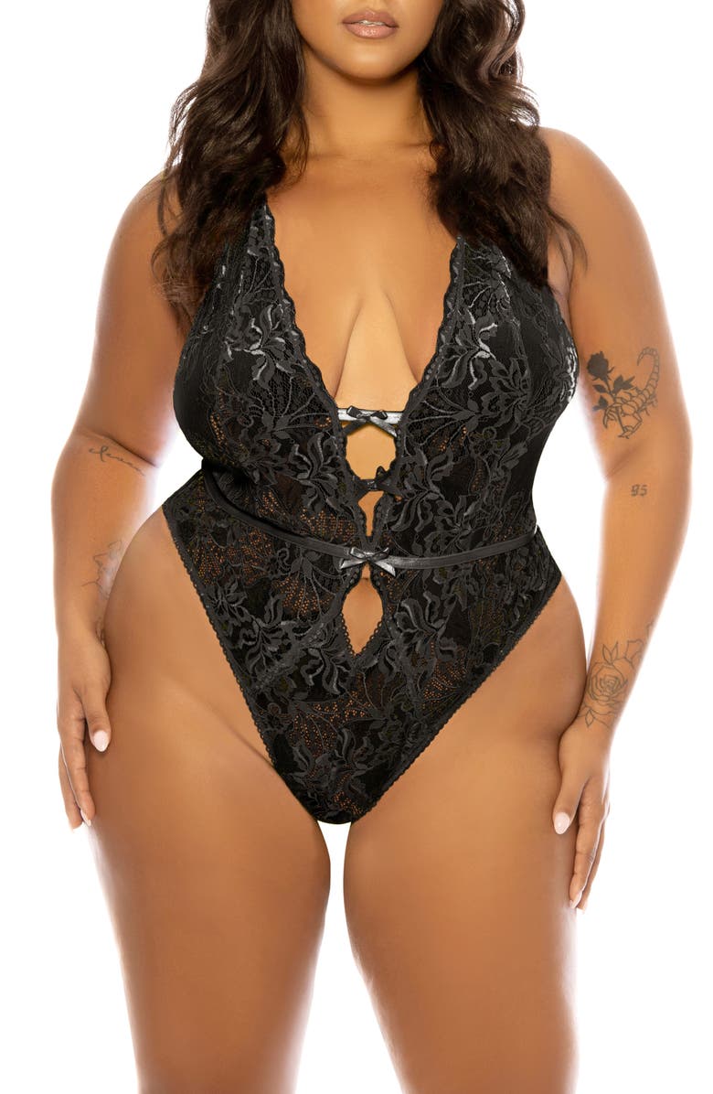 Oh La La Cheri Lauren Backless Lace Teddy, Main, color, Black