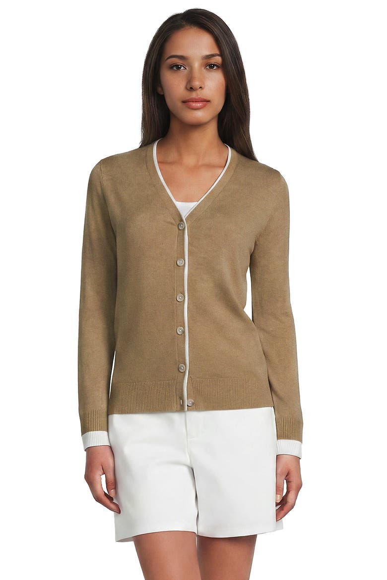 Double Trim Cotton V Neck Cardigan Sweater, Alternate, color, Vicuna Heather/White