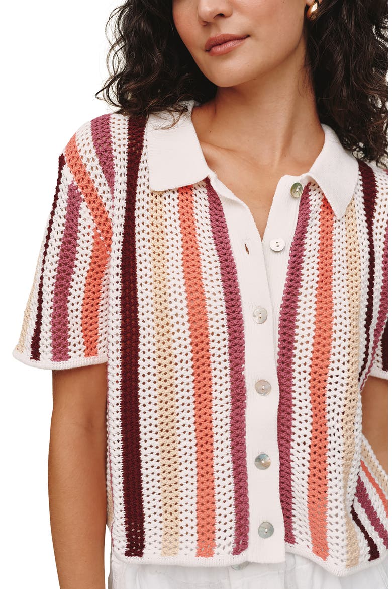 Stripe Openwork Short Sleeve Crop Knit Button-Up Shirt, Alternate, color, BEACH SIDE STRIPE