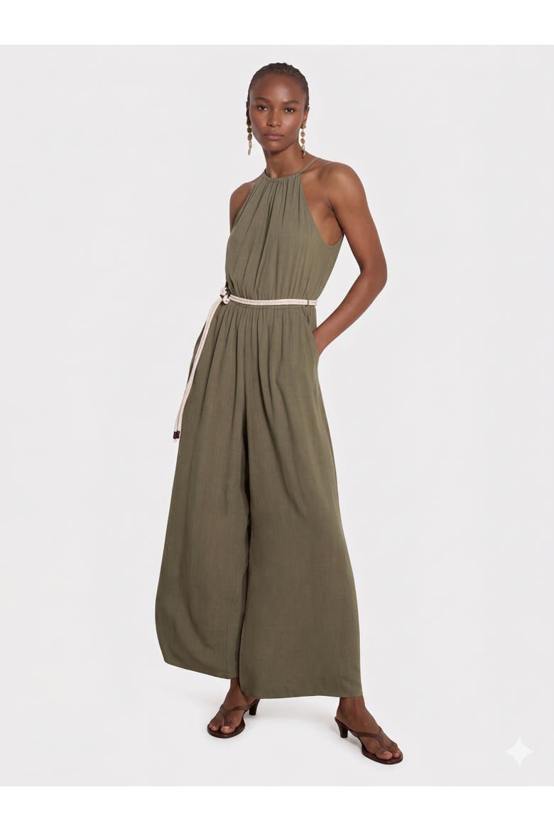 Halter Neck Rope Belt Jumpsuit, Main, color, Khaki