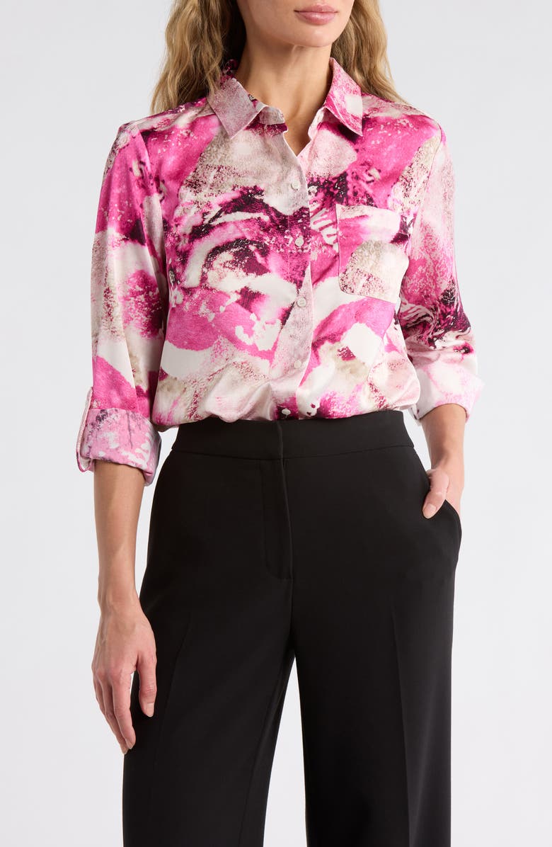 DKNY Printed Satin Roll Tab Top, Main, color, Hot Pink/ Pebble Combo