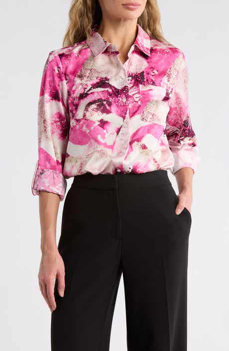 DKNY Printed Satin Roll Tab Top