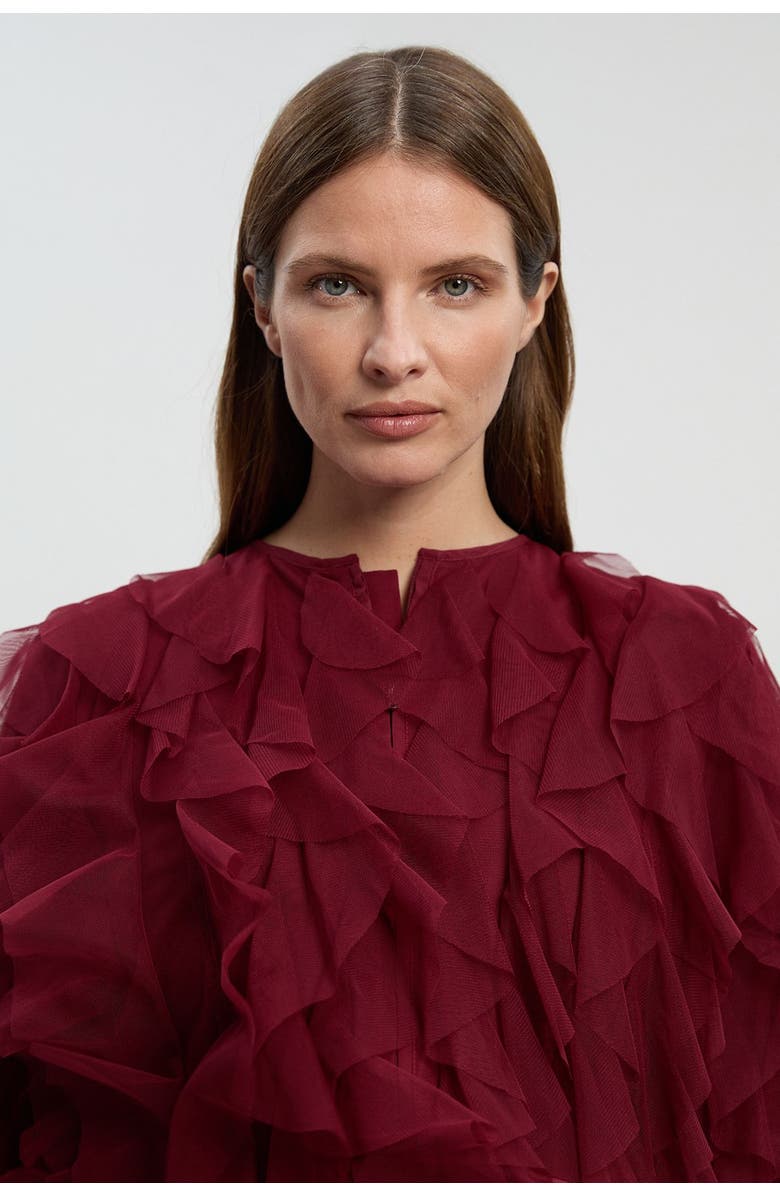 Karen Millen Tulle Ruffle Detail Woven Jacket, Alternate, color, Cabernet
