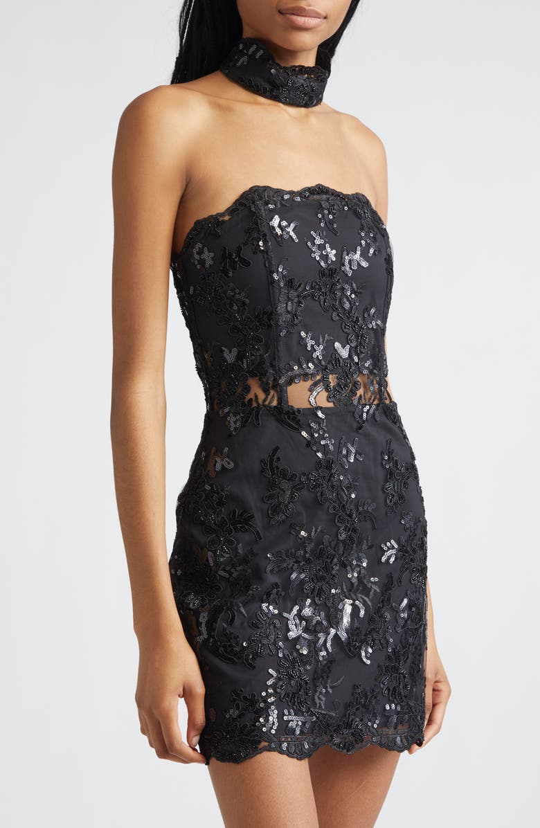 Alice + Olivia Georgie Sequin Lace Corset Strapless Minidress, Alternate, color, Black