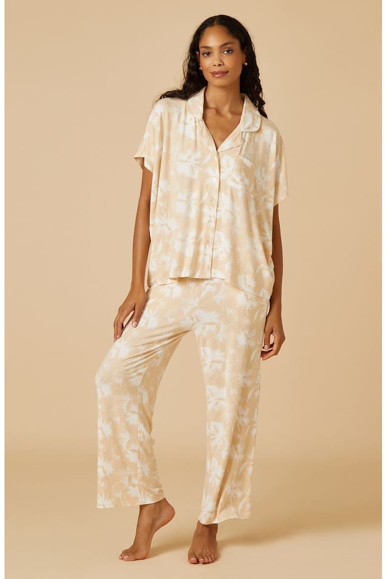 Soft Sleep Caftan Top and Cropped Pant Pajama Set, Alternate, color, Warm Sand Floral