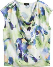 Tahari ASL Watercolor Cowl Neck Satin Top