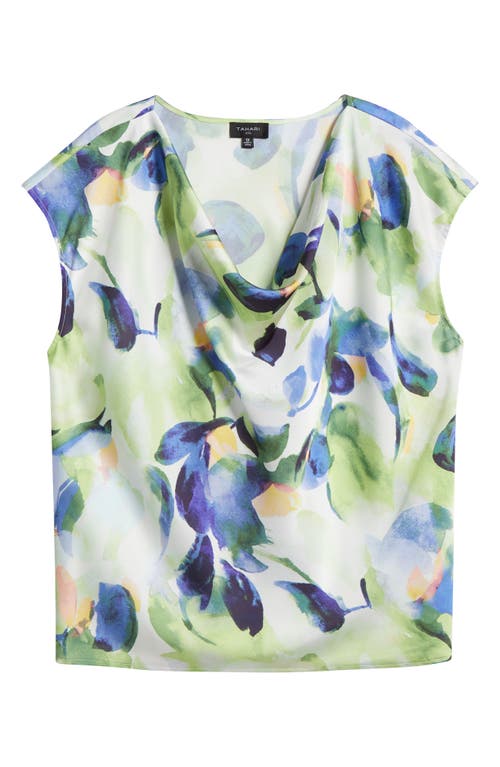 Tahari Asl Watercolor Cowl Neck Satin Top In Fern Watercolor