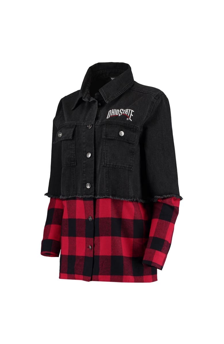 THE WILD COLLECTIVE Women's The Wild Collective Black/Scarlet Ohio State Buckeyes Denim Flannel Stitch Button-Up Shirt, Alternate, color, 