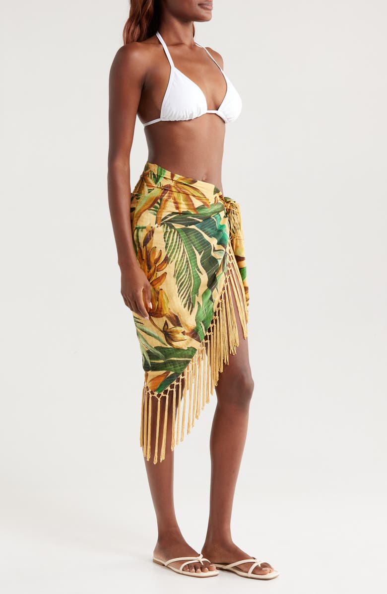 FARM Rio Bananart Metallic Stripe Fringe Trim Cover-Up Skirt, Alternate, color,