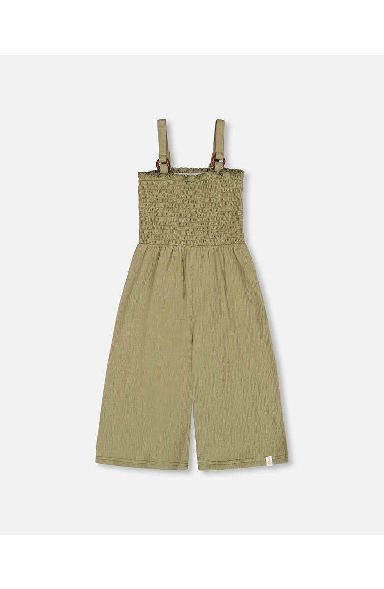 Deux par Deux Little Girl's Smocked Crinkle Jersey Jumpsuit Olive Green, Main, color, Olive Green
