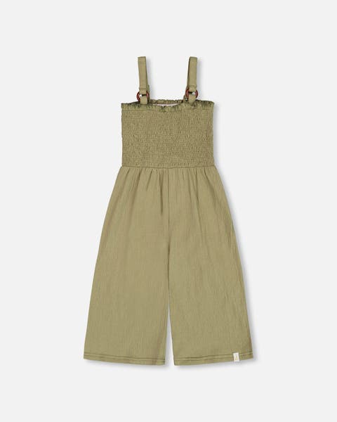Little Girl's Smocked Crinkle Jersey Jumpsuit Olive Green