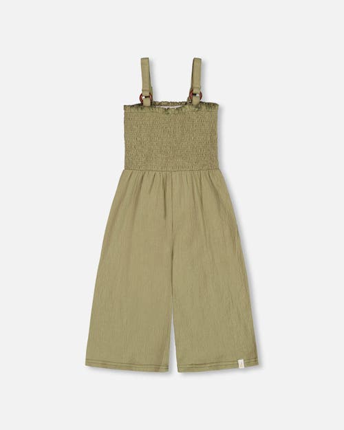 Deux Par Deux Little Girl's Smocked Crinkle Jersey Jumpsuit Olive Green In Olive Green