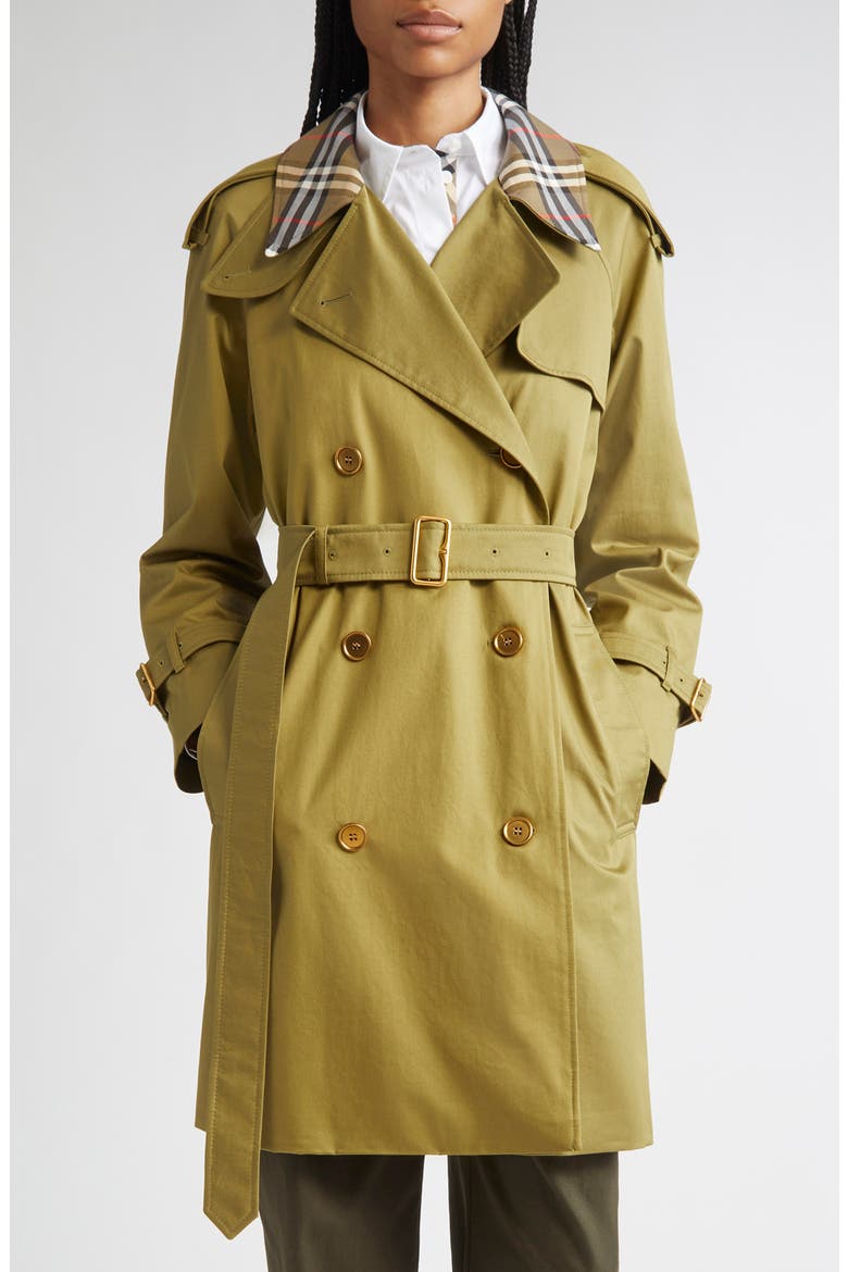 Castleford Check Collar Water Resistant Gabardine Trench Coat, Main, color, ESTATE