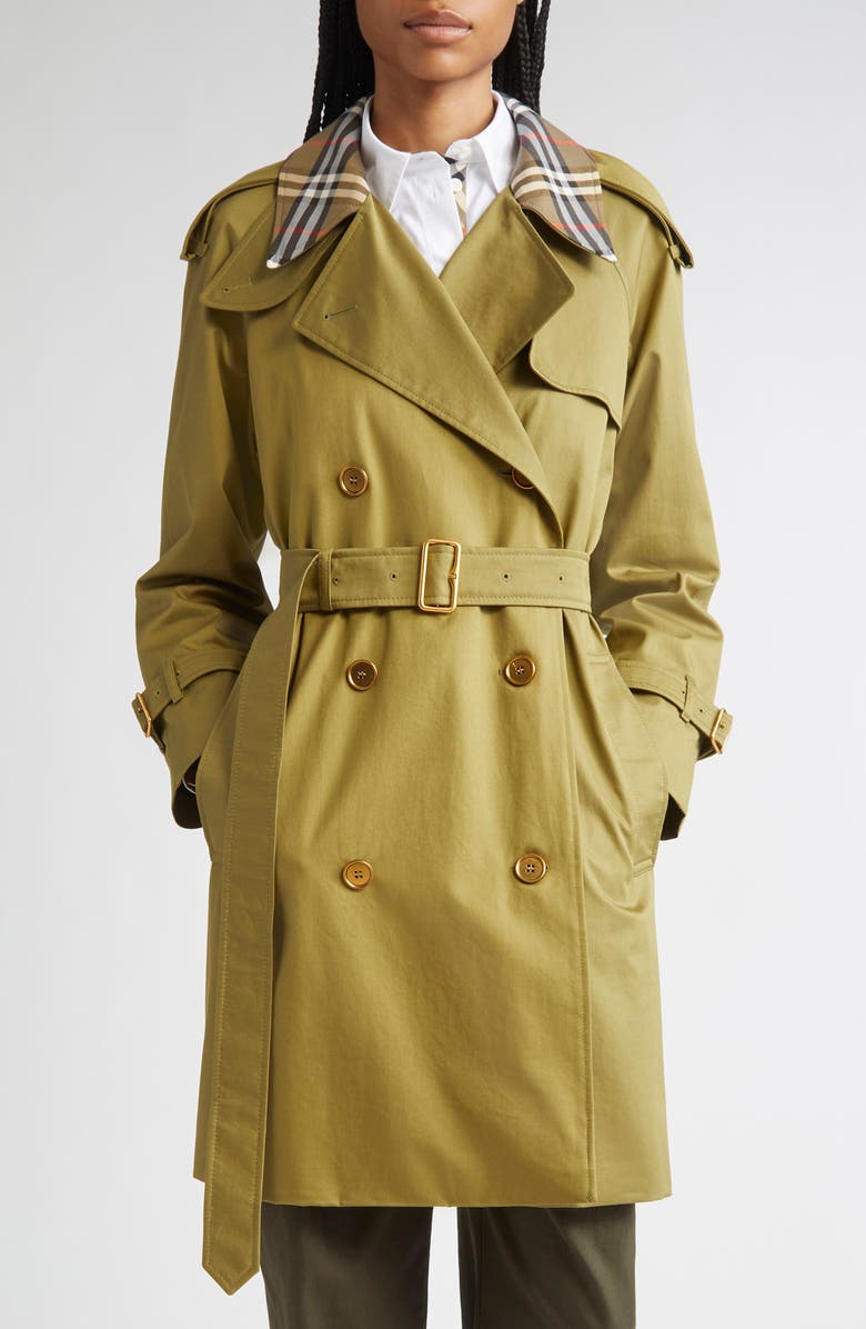 Burberry Castleford Check Collar Water Resistant Gabardine Trench Coat, Main, color, Estate