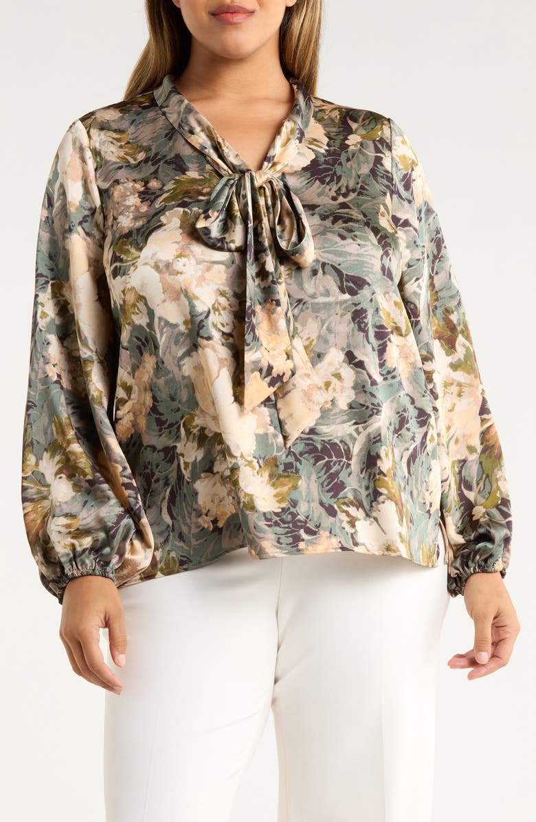 Tahari ASL Print Tie Neck Top, Main, color, Blush Sage Multi