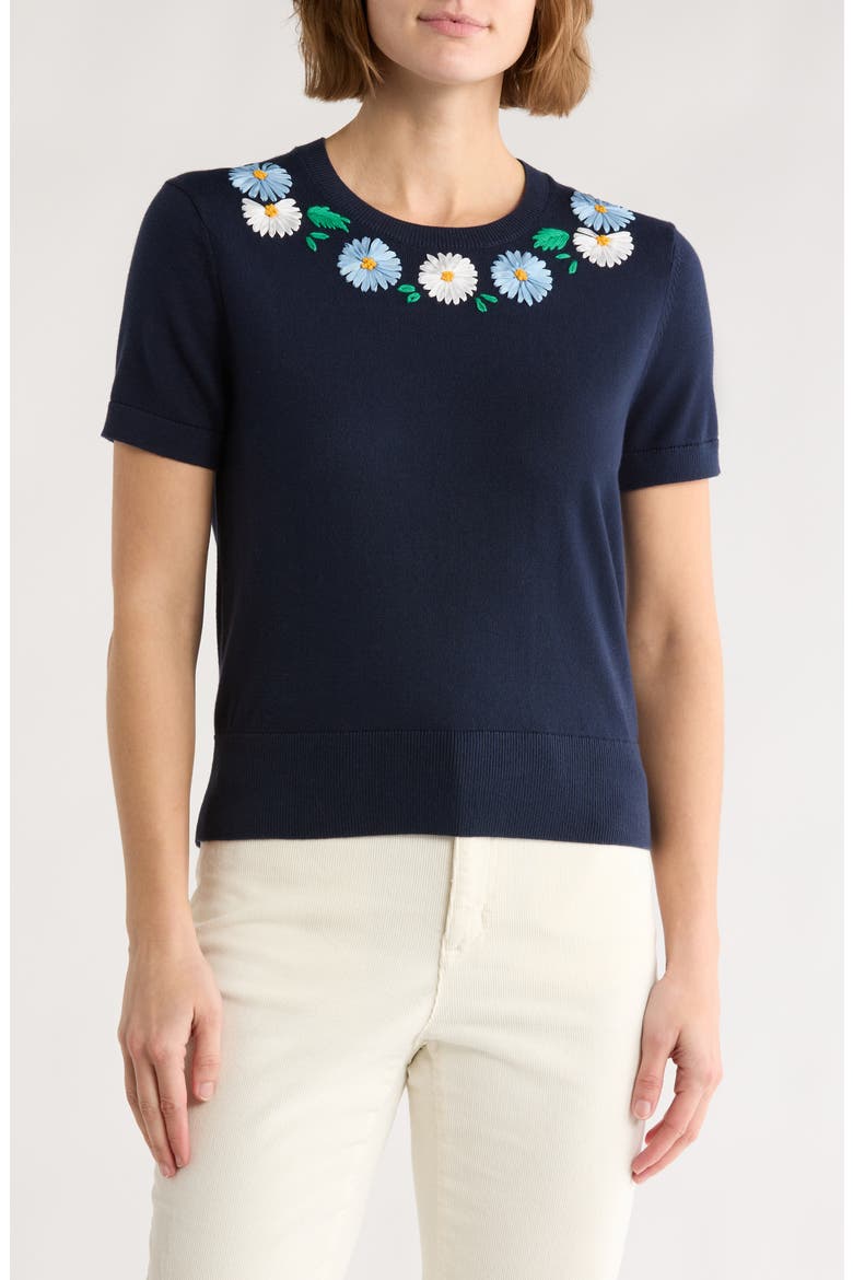Embroidered Short Sleeve Sweater, Main, color, NAVY EMBROIDERED FLOWERS