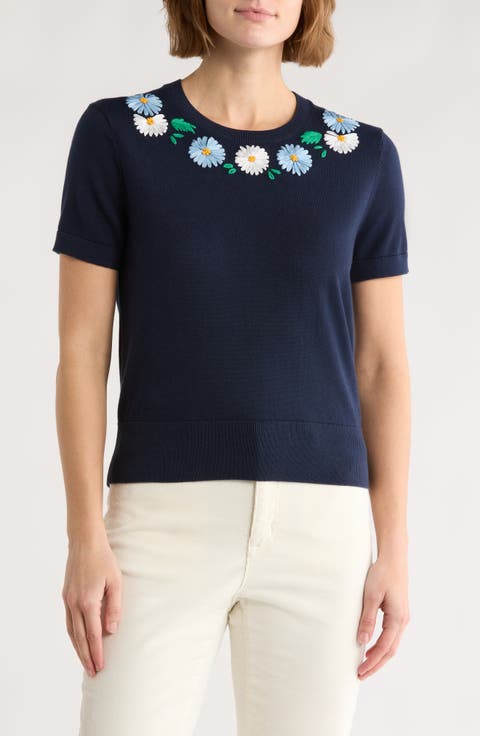 Embroidered Short Sleeve Sweater