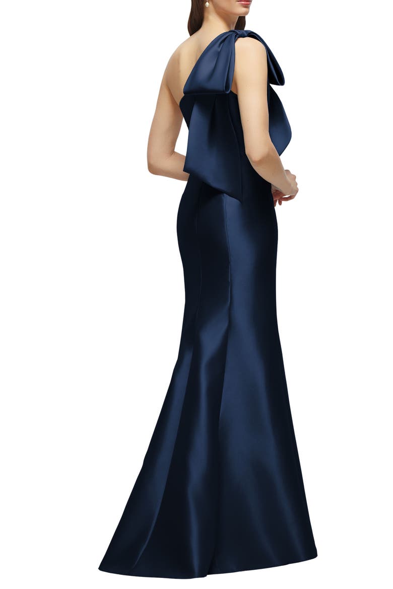 Bow One-Shoulder Satin Twill Mermaid Gown, Alternate, color, MIDNIGHT