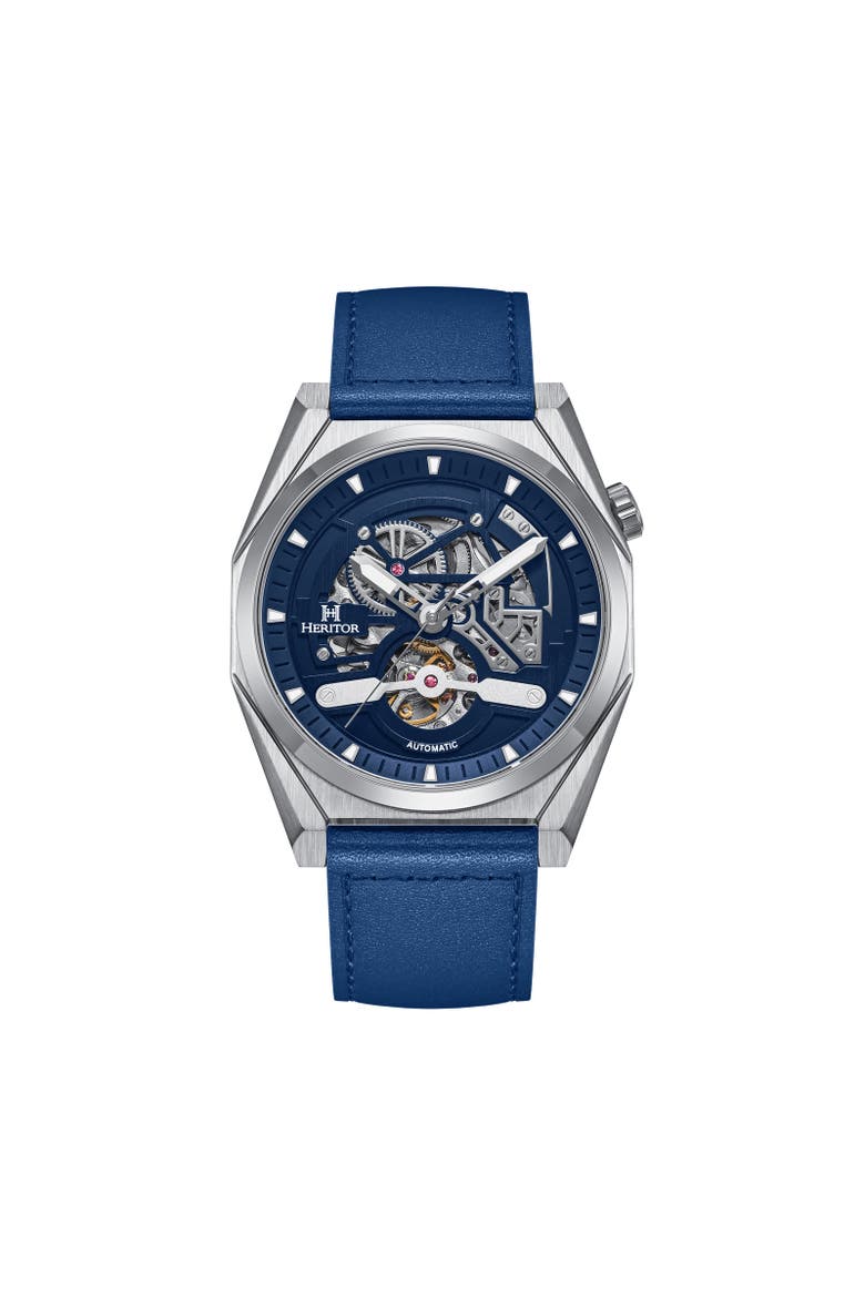 Amadeus Semi-Skeleton Leather-Band Watch, Main, color, Silver/Blue