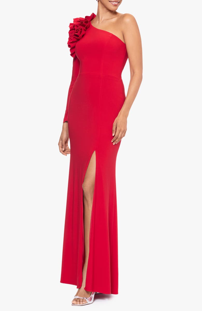 Xscape Evenings Ruffle One-Shoulder Gown, Alternate, color, 