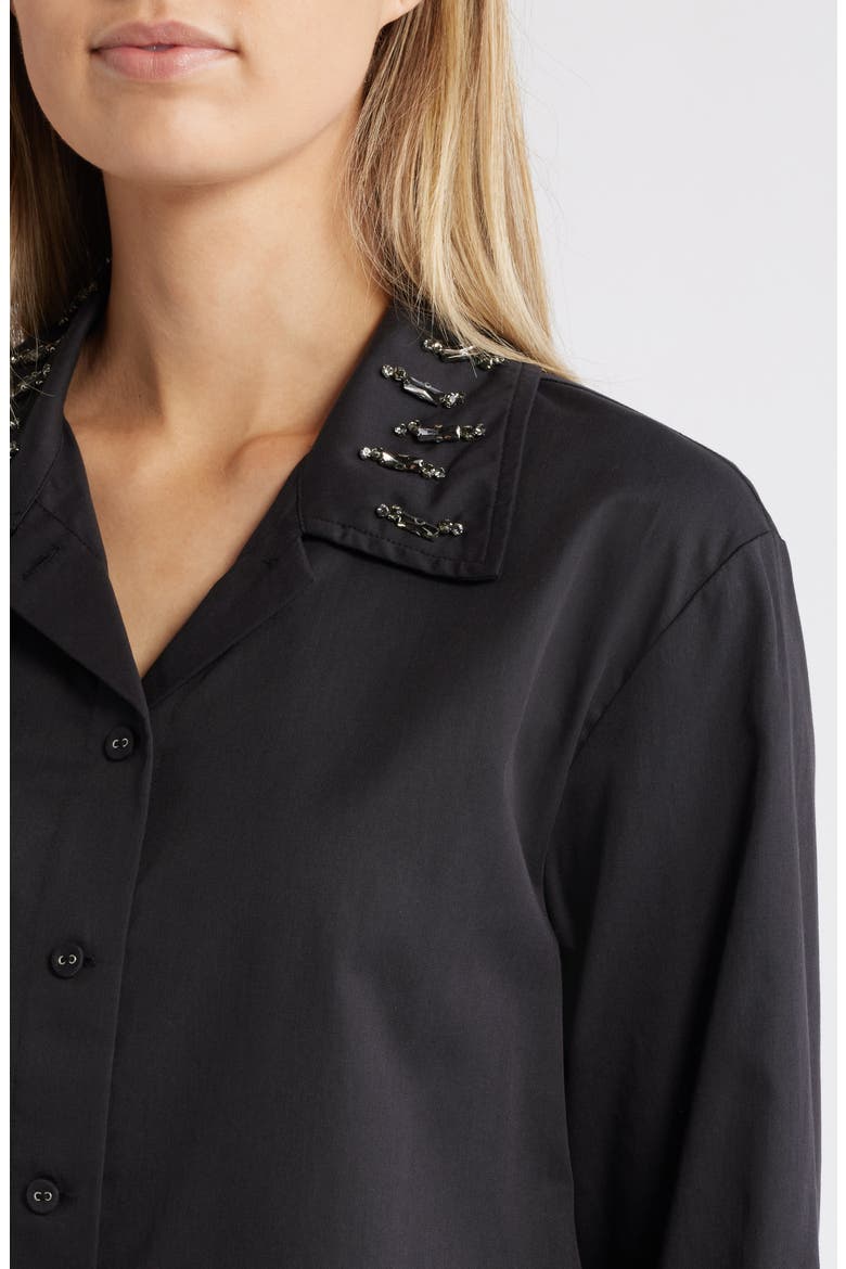 Beaded Collar Cotton Blend Button-Up Shirt, Alternate, color, BLACK