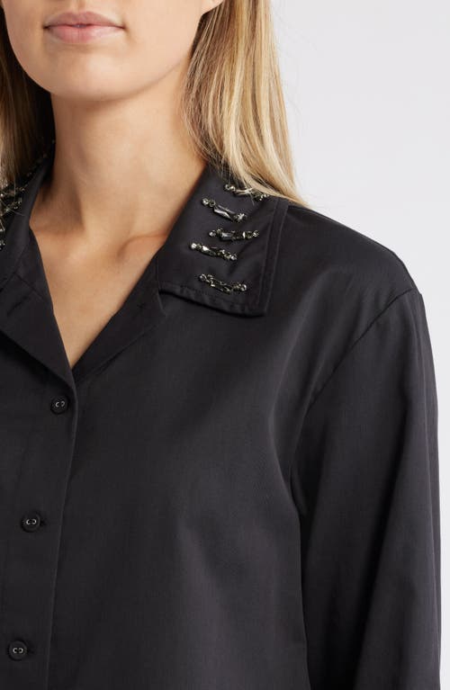 Wit & Wisdom Beaded Collar Cotton Blend Button-up Shirt In Black