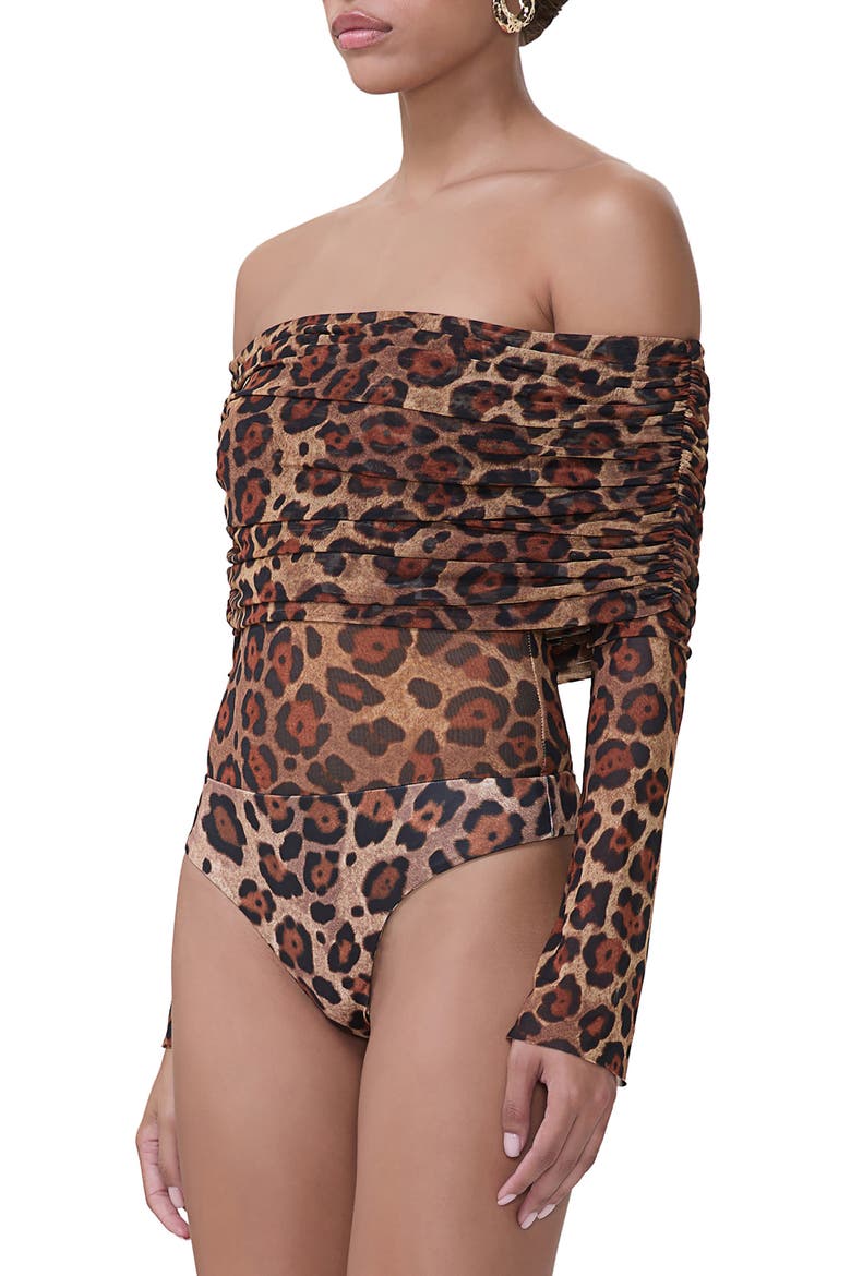 Maxine Ruched Off the Shoulder Mesh Bodysuit, Alternate, color, COCOA LEOPARD