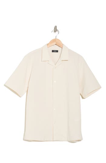 Theory Dazy Short Sleeve Button-up Camp Shirt In Sand/white