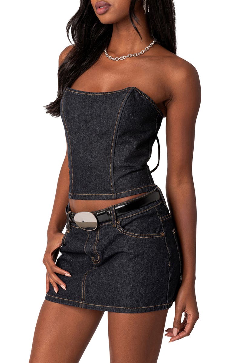 EDIKTED Foster Lace-Up Strapless Denim Corset, Alternate, color,