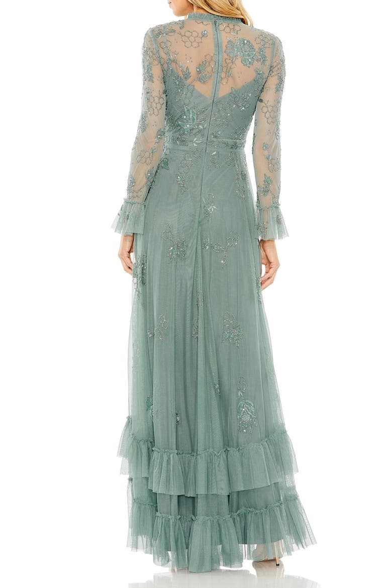 Beaded Embroidered Tulle Long Sleeve Gown, Alternate, color, Spruce