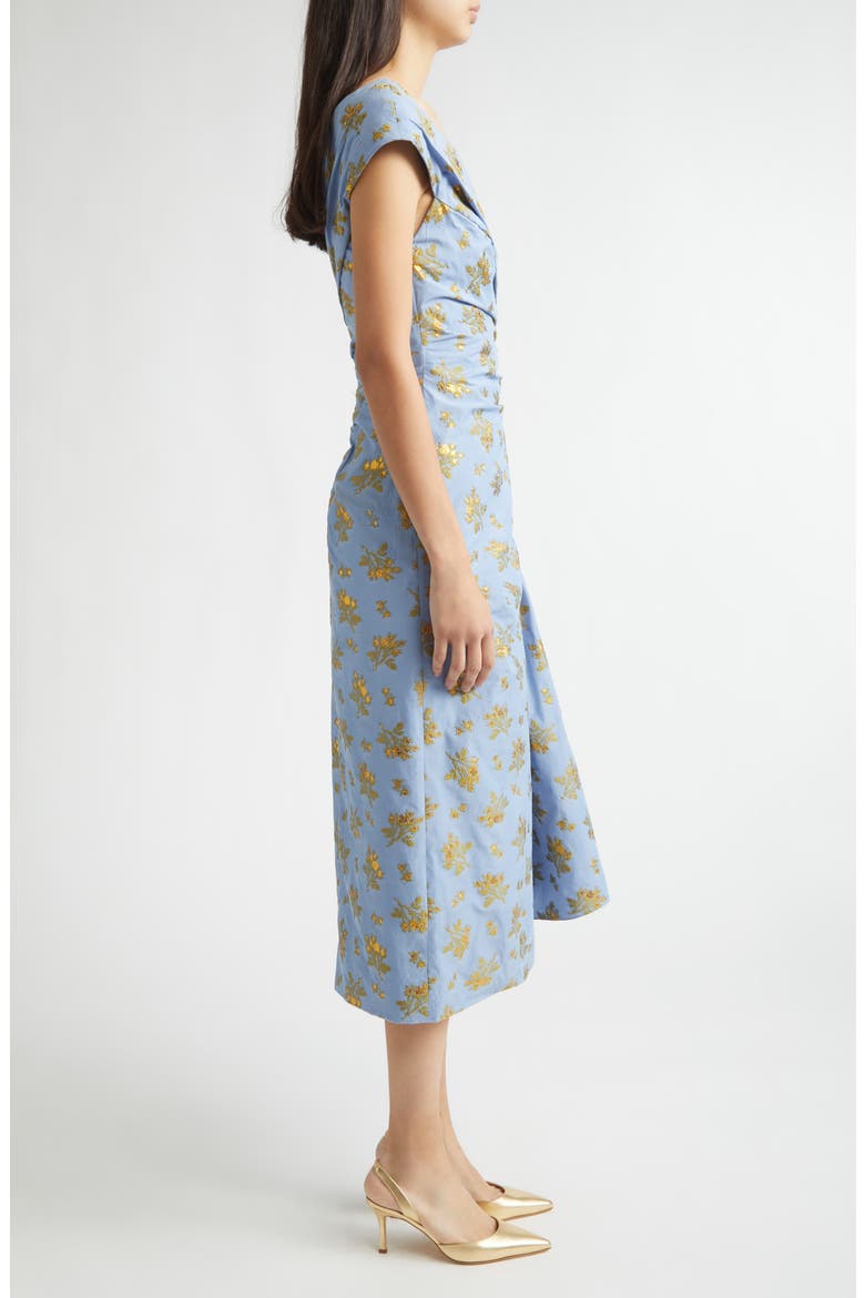 Metallic Floral Ruched Cotton Blend Jacquard Cocktail Dress, Alternate, color, BLUEBELL