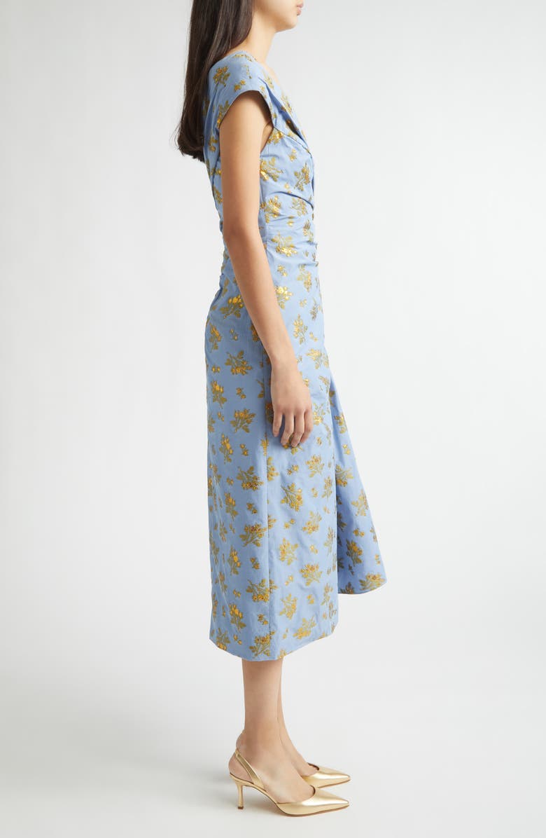 Lela Rose Metallic Floral Ruched Cotton Blend Jacquard Cocktail Dress, Alternate, color, Bluebell