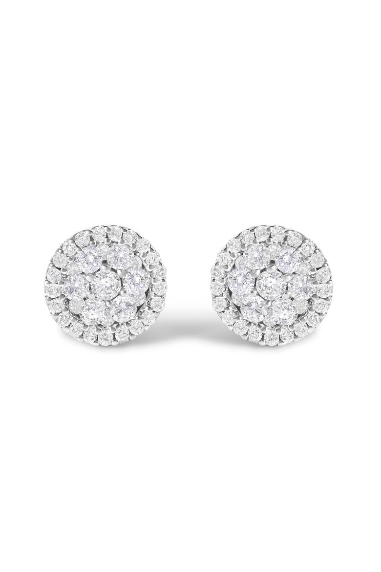 Certified 14K Gold 1.0 Cttw Diamond Cluster Button Stud Earrings, Main, color, White