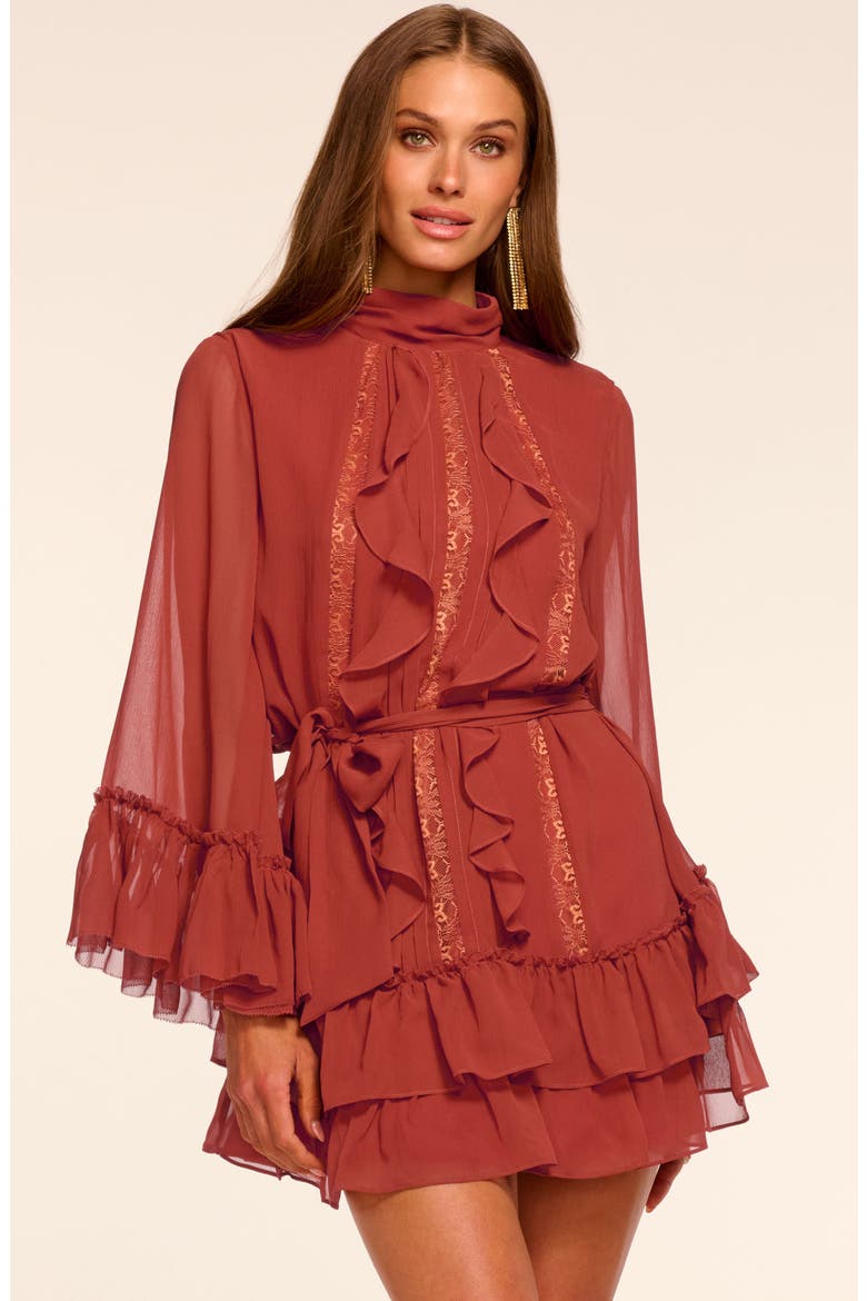 Claudia Lace & Ruffle Detail Long Sleeve Silk Minidress, Alternate, color, AMBER