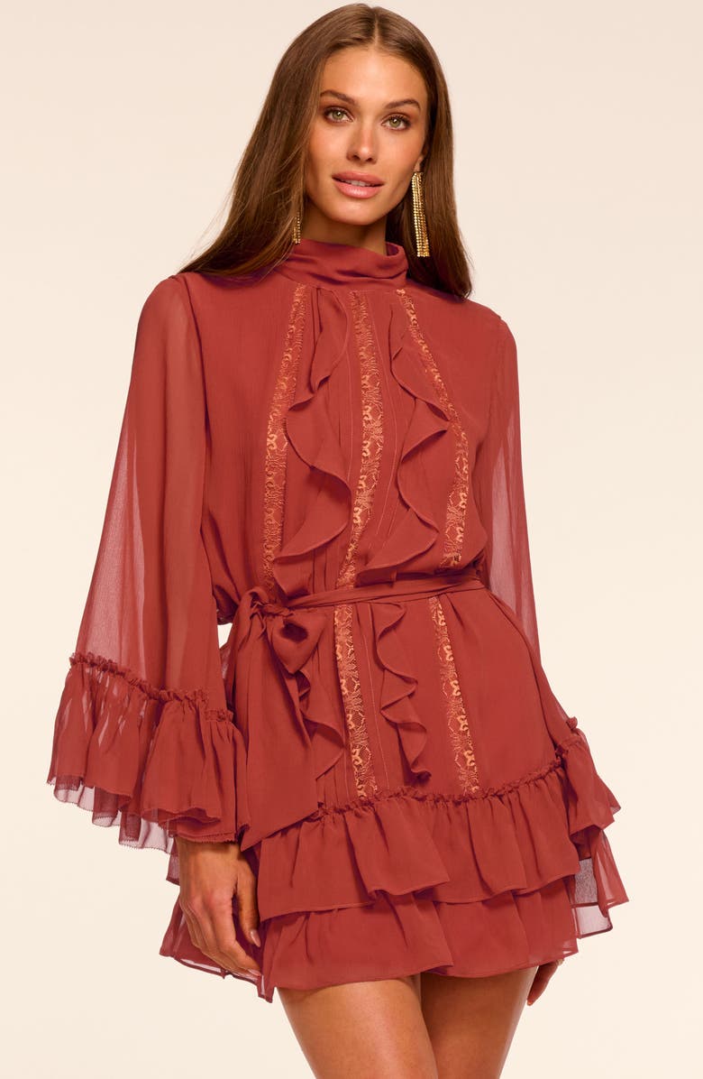 Ramy Brook Claudia Lace & Ruffle Detail Long Sleeve Silk Minidress, Alternate, color, Amber