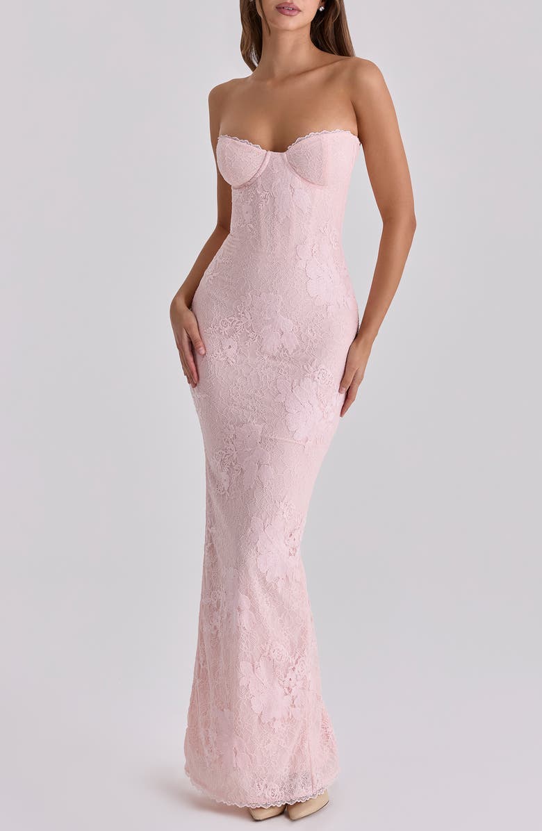 HOUSE OF CB Lucienne Lace Corset Strapless Gown & Bolero, Alternate, color, Pink