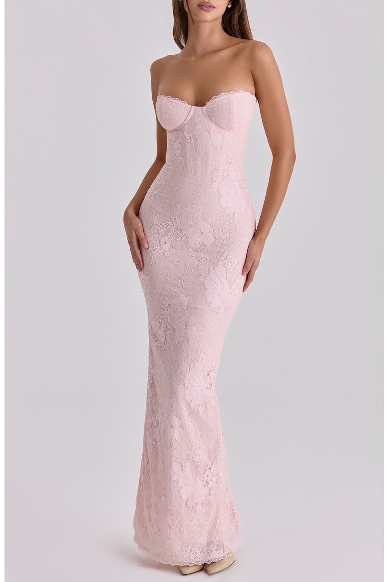 pink lace strapless dress Bia Embroidered Maxi Hot Hot Pink 3D Flower Lace