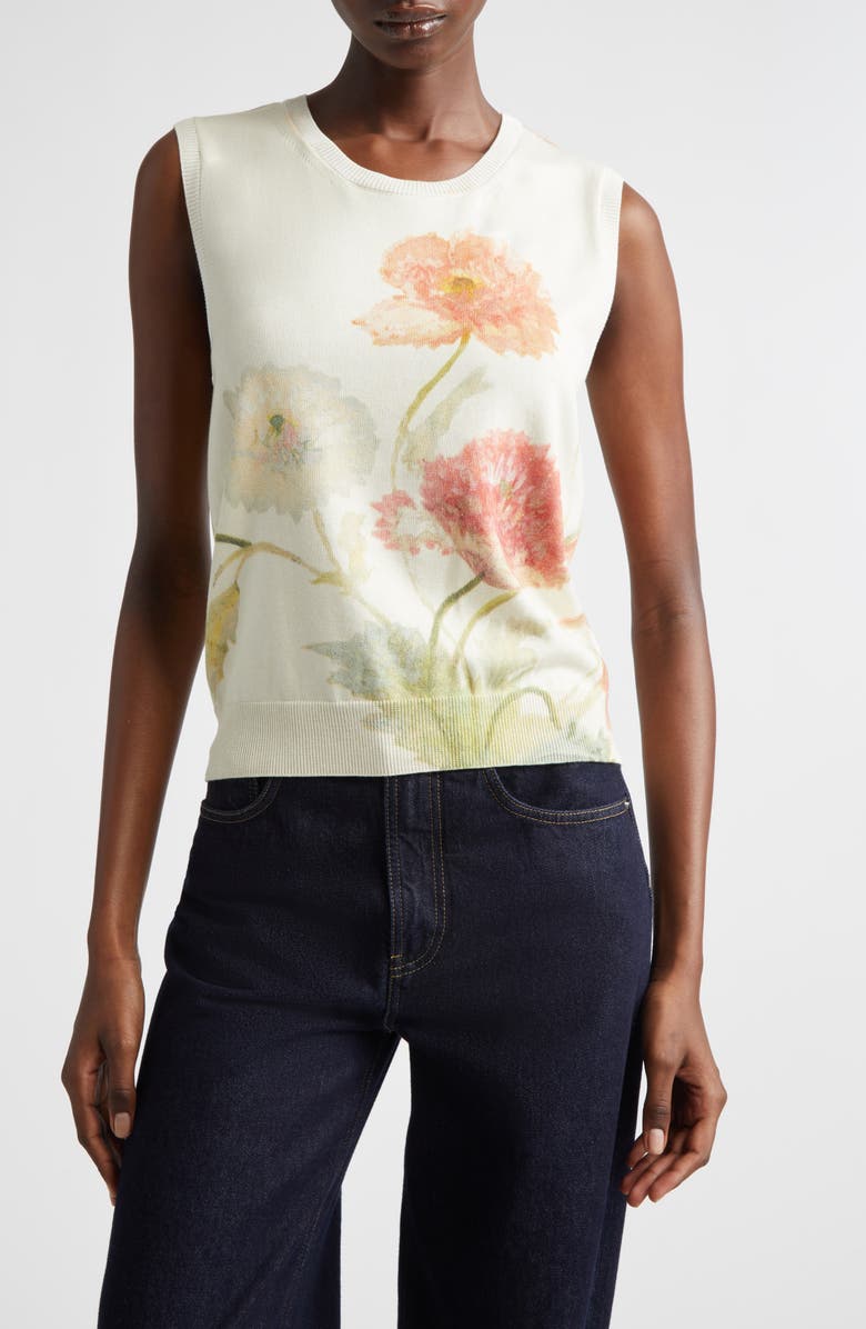 Carolina Herrera Poppy Print Silk & Cotton Sweater Tank, Main, color, Almond Multi