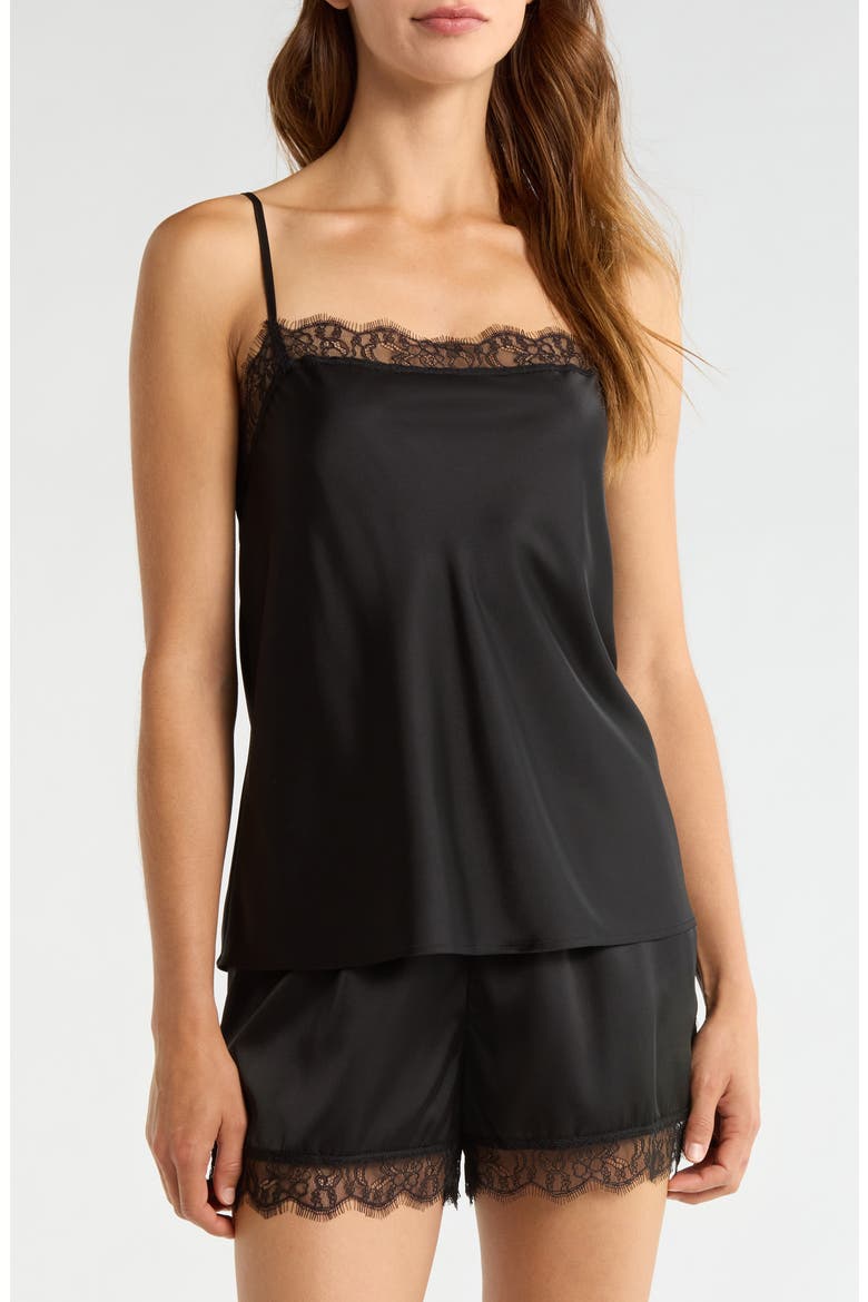 Scalloped Lace Trim Square Neck Satin Camisole, Main, color, BLACK