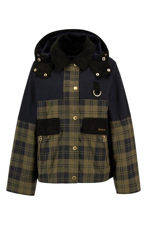 Barbour Elaine Hooded Corduroy-trimmed Checked Waxed-cotton Jacket In Green