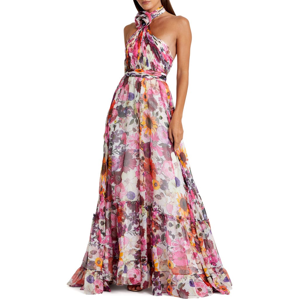 Mac Duggal Asymmetrical Ruffled Halter Floral Gown In White Multi