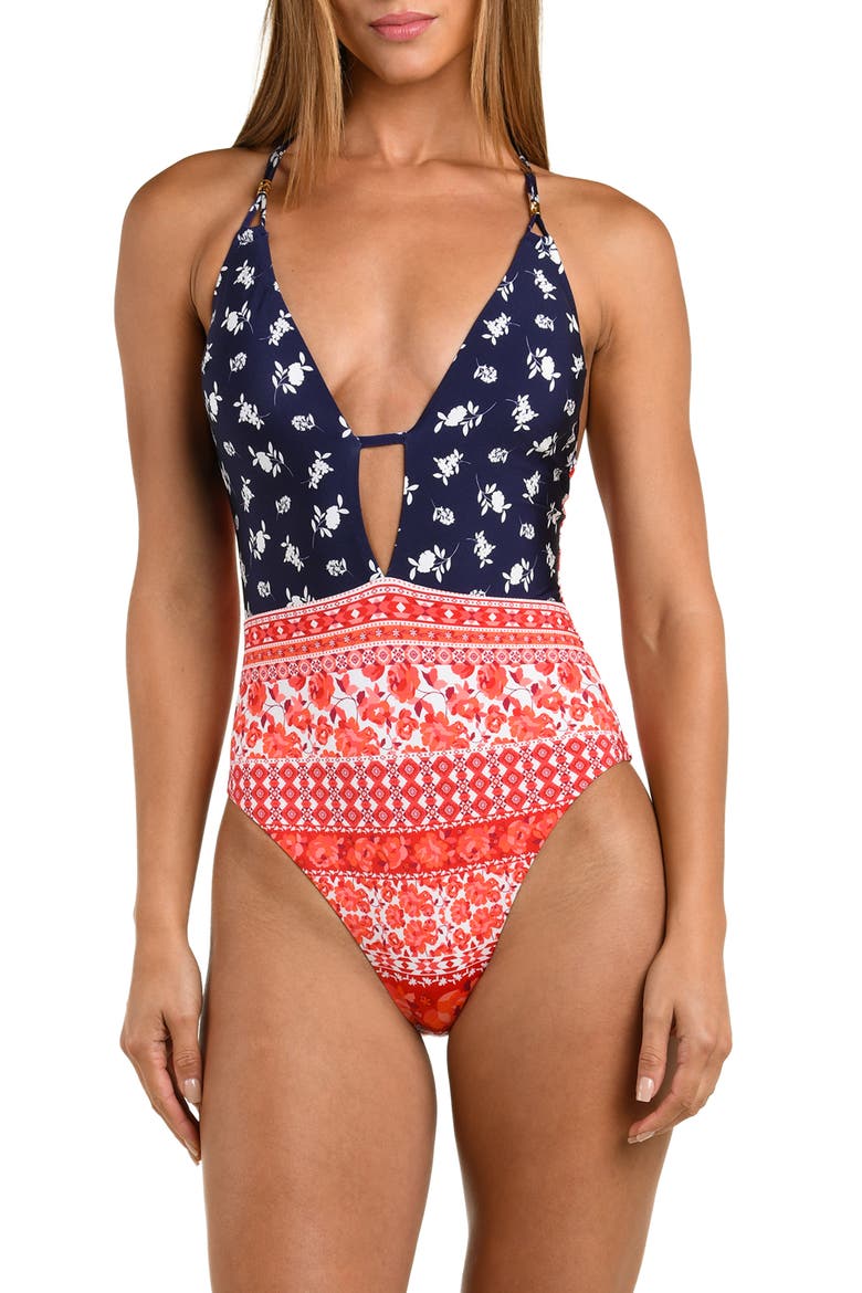 Flowers & Stripes One-Piece Swimsuit, Main, color, RED MULTI