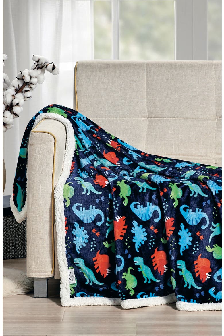 Dino Faux Shearling Throw Blanket, Alternate, color, NAVY