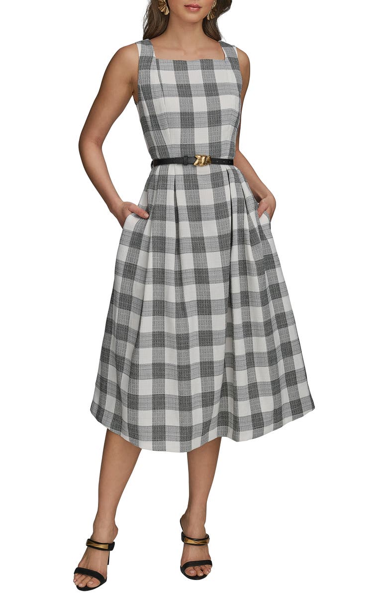 Donna Karan New York Check Sleeveless Midi Dress, Main, color, Black Cream