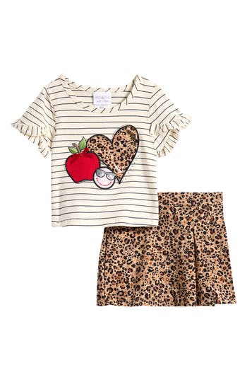 Iris & Ivy Stripe Appliqué Shirt & Leopard Print Skort Set In Brown