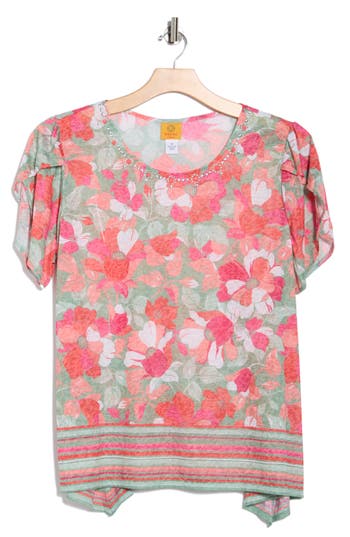 Ruby Rd. Plus Size Floral Striped Border Flutter Sleeve Top In Pink