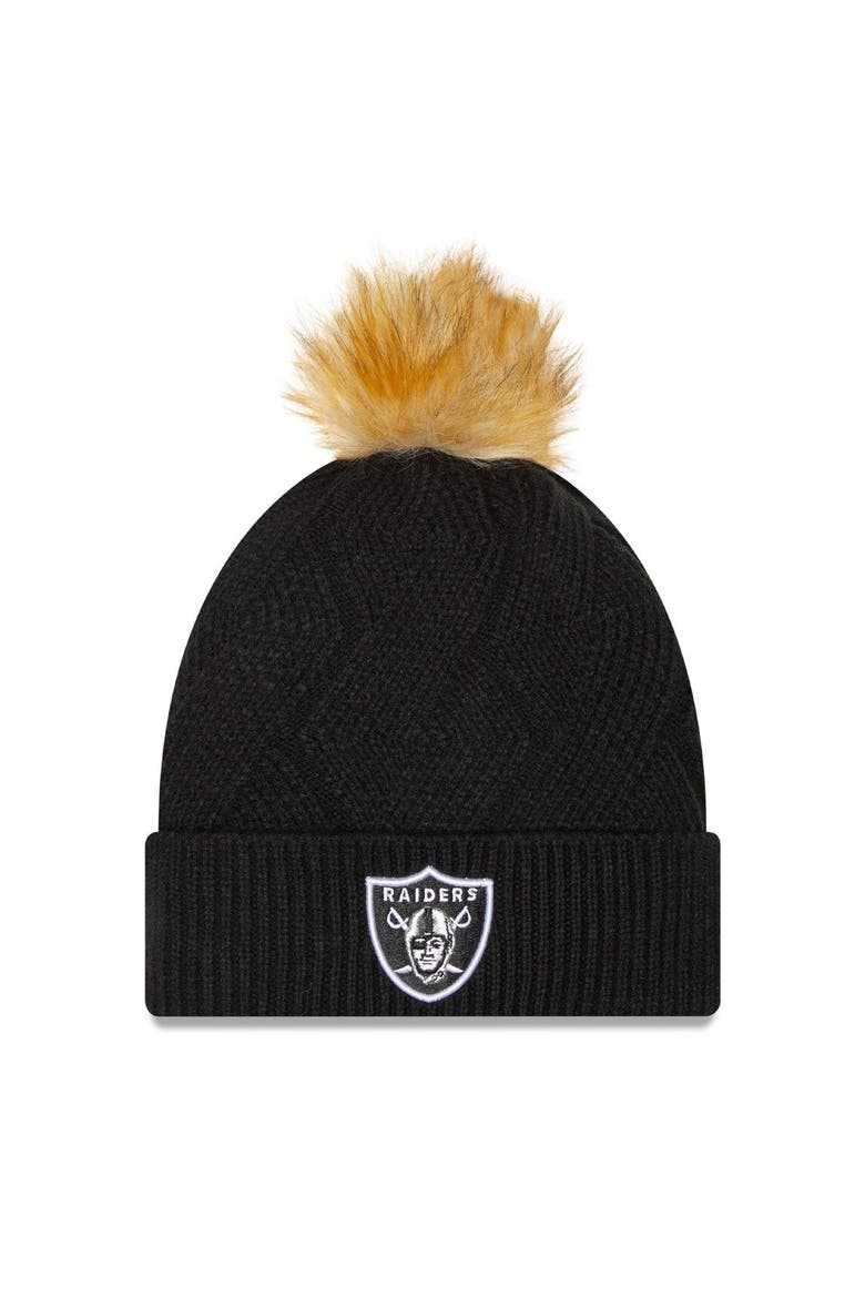 Women's New Era Black Las Vegas Raiders Snowy Cuffed Knit Hat with Pom, Main, color, Black