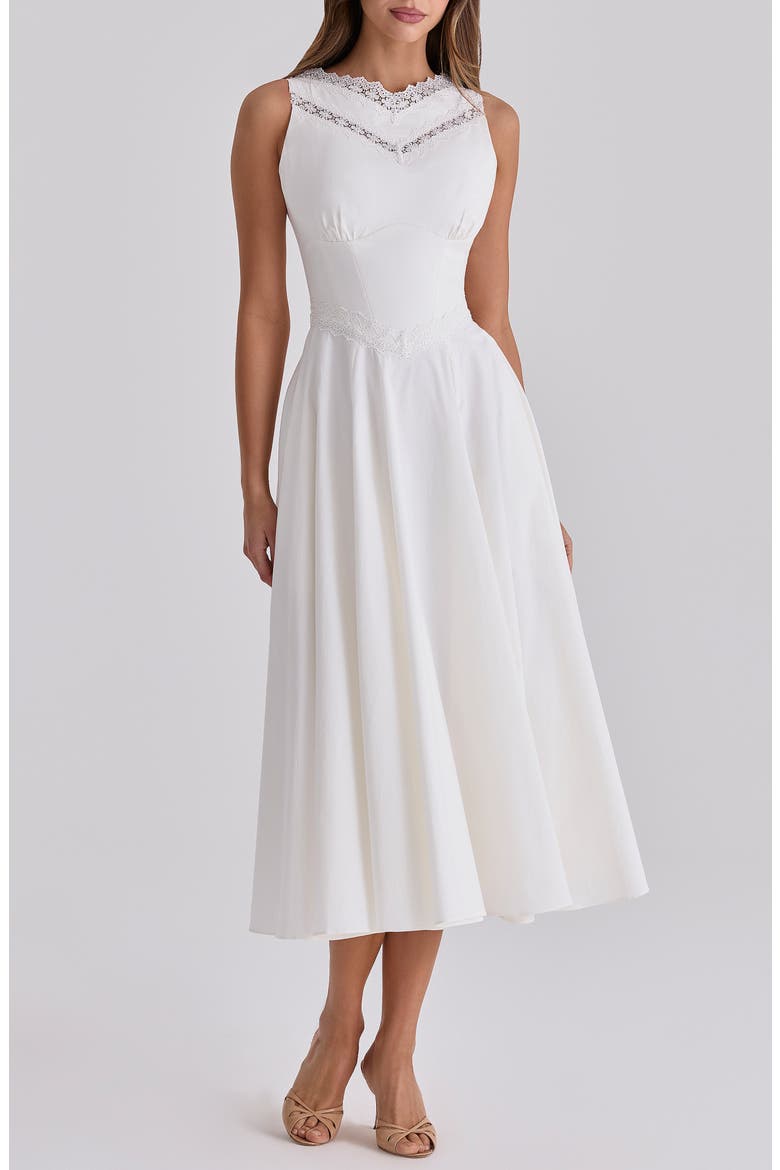 Scarlett Lace Trim Stretch Cotton Midi Cocktail Dress, Main, color, WHITE