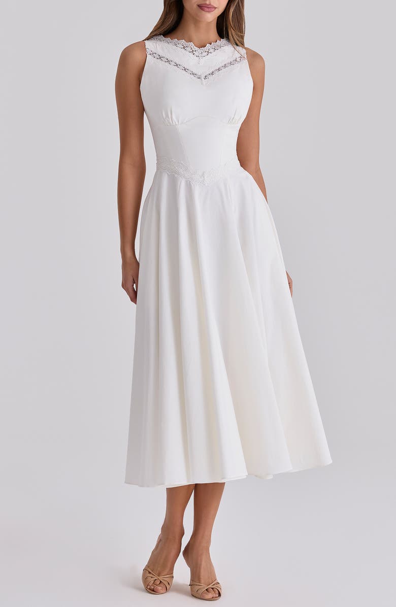 HOUSE OF CB Scarlett Lace Trim Stretch Cotton Midi Cocktail Dress, Main, color, White
