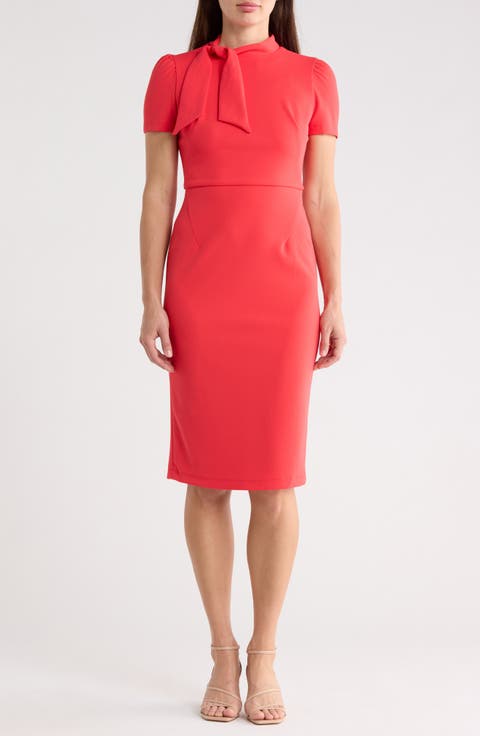 Tie Neck Puff Sleeve Scuba Crepe Dress